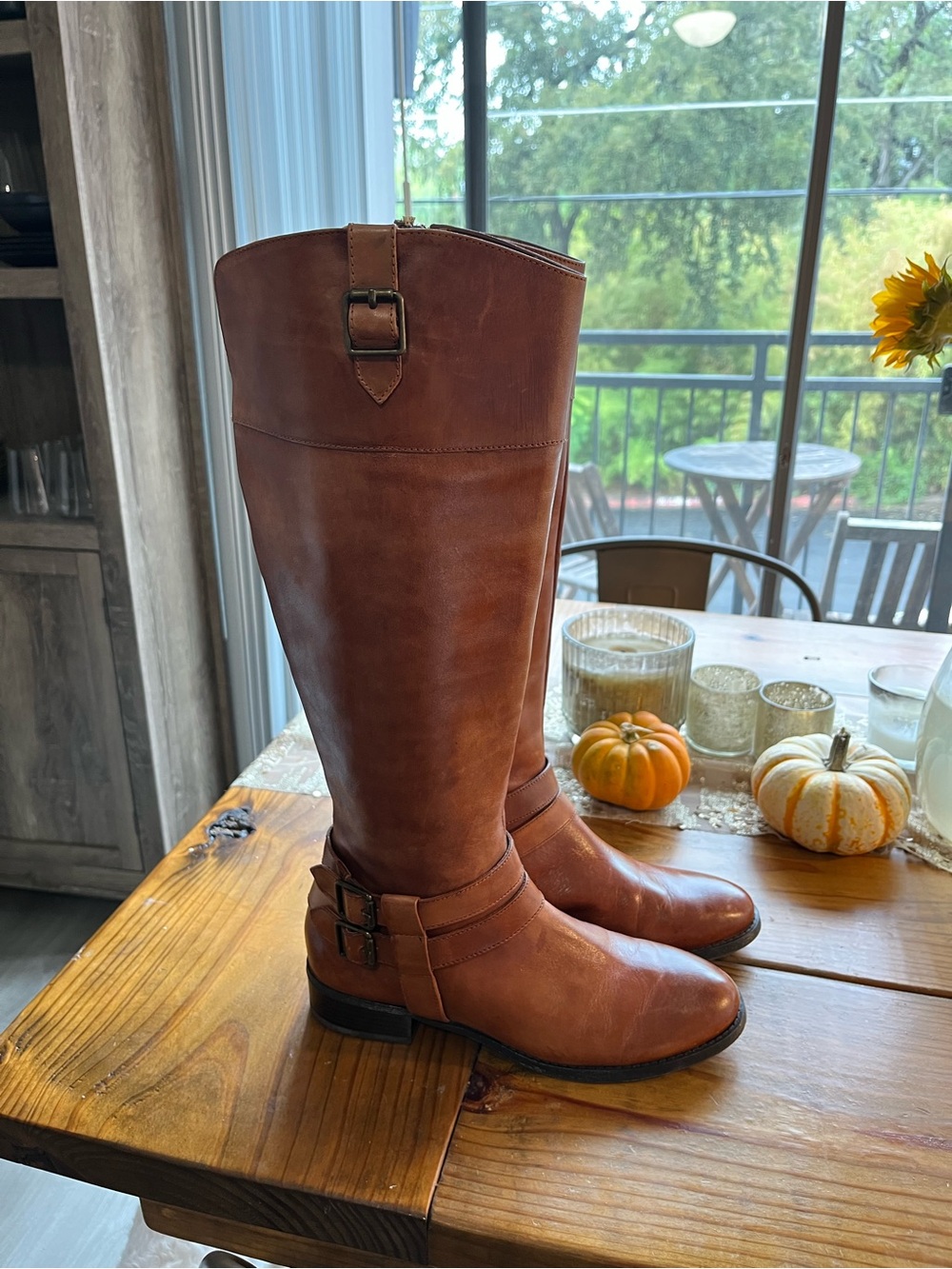 INC Cognac Leather Knee High Riding Boots